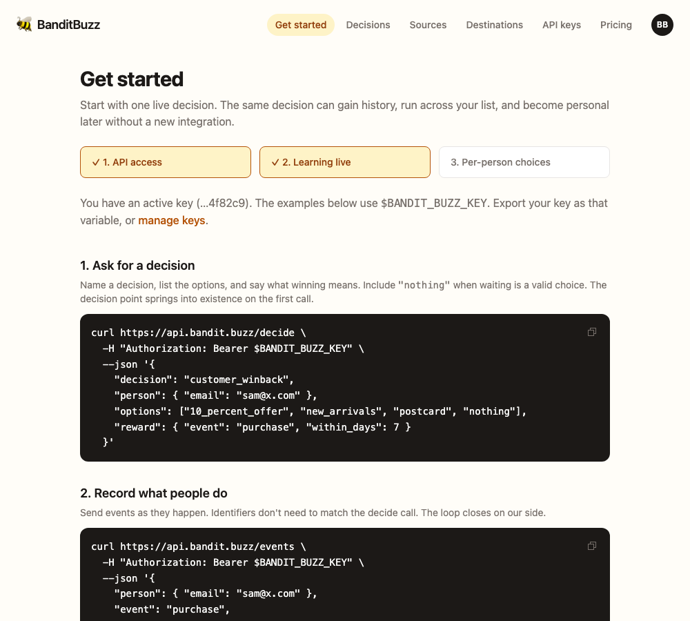 BanditBuzz setup screen with decide and events API examples for a win-back decision.